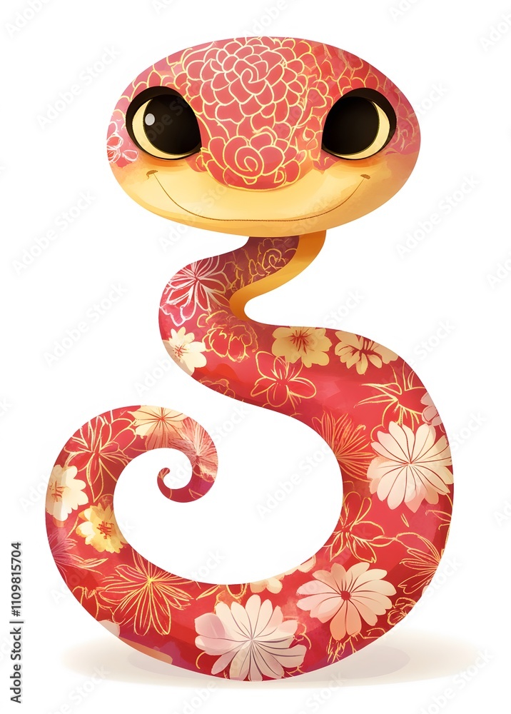 Fototapeta premium Adorable Red Snake Decorated With Delicate Flowers