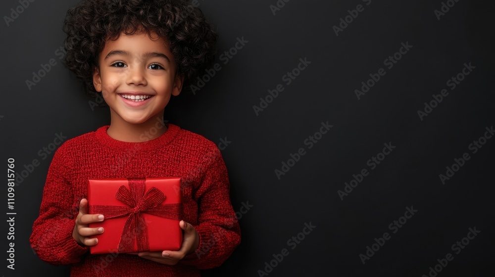 Joyful Child Holding Red Gift Box Against Dark Background with Bright Smile Celebrating Holidays and Expressions of Happiness and Excitement Joyful Child Holding Red Gift Box Against Dark Background with Bright Smile Celebrating Holidays and Expressions of Happiness and Excitement