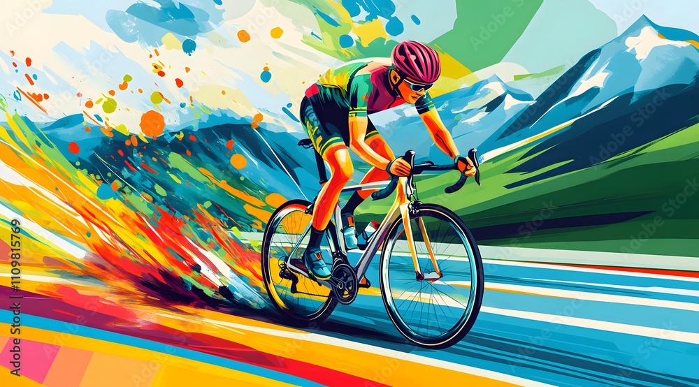 Fototapeta premium Cyclist Racing Through Vibrant Abstract Landscape