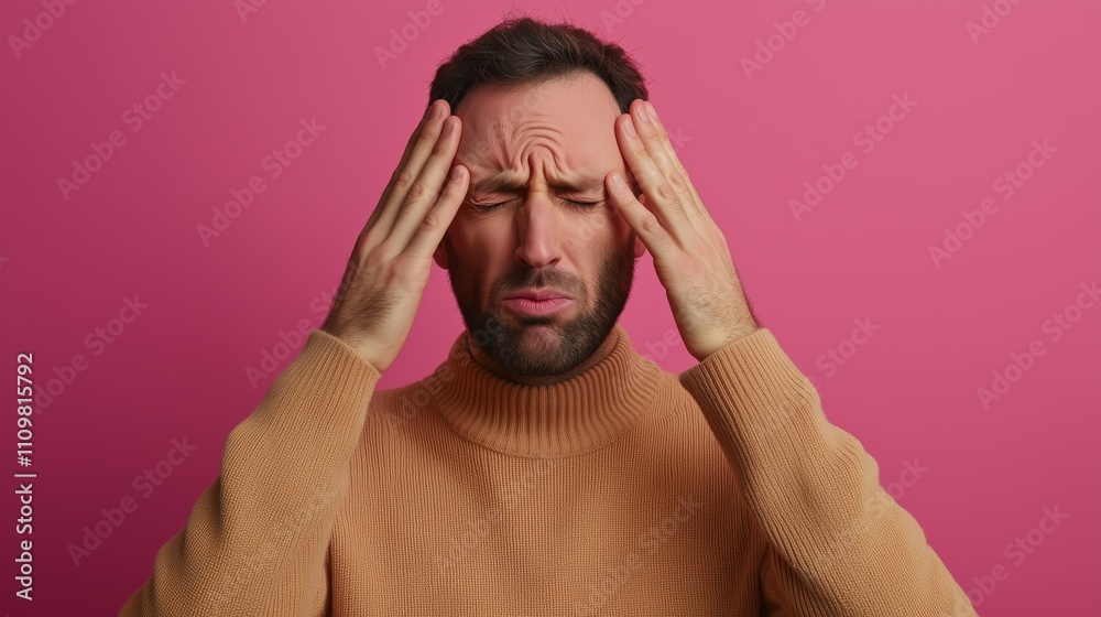 Struggling with stress man experiencing headache indoor studio portrait photography pink background emotional health Struggling with stress man experiencing headache indoor studio portrait photography pink background emotional health
