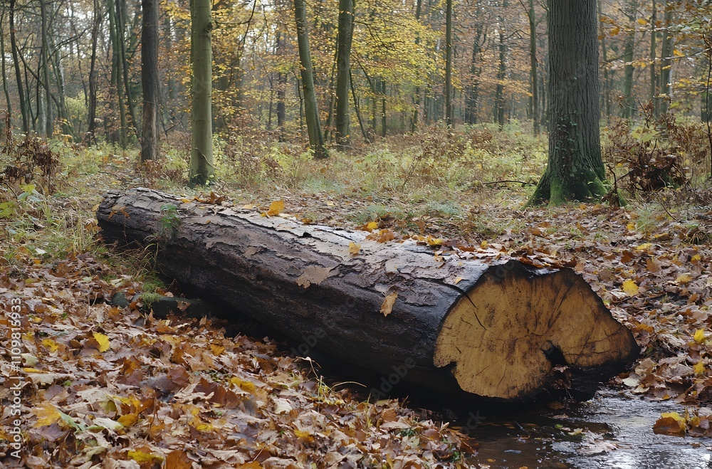 Fallen Log In Autumn Forest Beside Stream Fallen Log In Autumn Forest Beside Stream