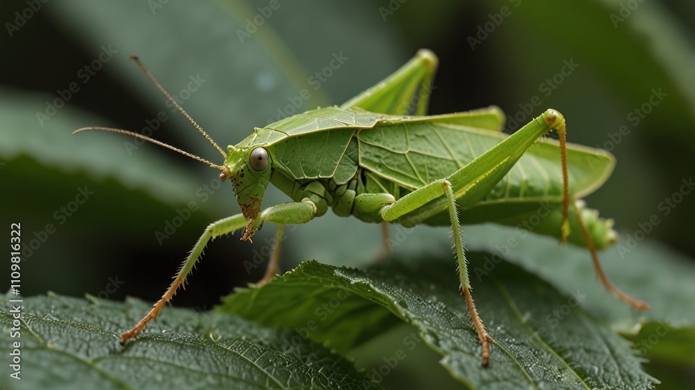Close-up of a vibrant green katydid camouflaged on a leaf. Close-up of a vibrant green katydid camouflaged on a leaf.