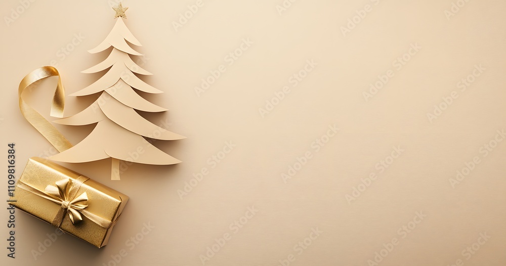 Elegant Beige Paper Christmas Tree With Gold Gift Elegant Beige Paper Christmas Tree With Gold Gift