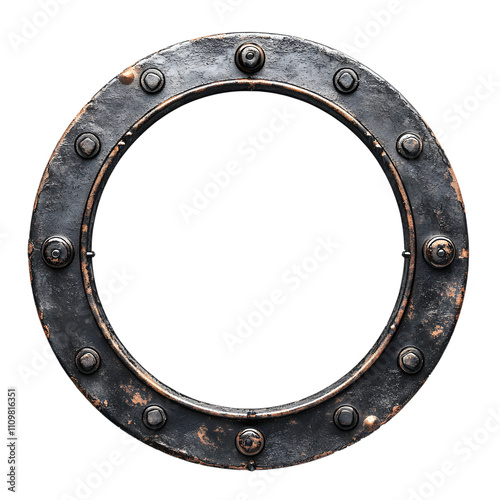 A rusted metal circle with many bolts and screws photo