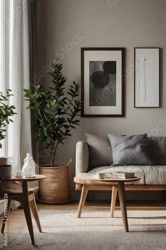 Minimalist Living Room with Vertical Mock-Up Poster Frame Wooden Bench Soft Gray Rug and Natural Light