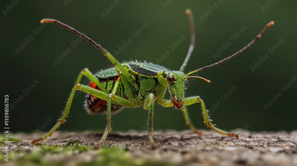 Close-up of vibrant green katydid insect on wood. Close-up of vibrant green katydid insect on wood.