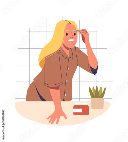 Woman plucking excessive hair doing eyebrows correction using tweezers looking at mirror scene