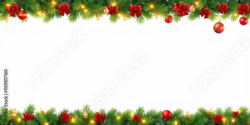 Seamless festive border with conifer branches and glowing Christmas lights, festive, Christmas, winter