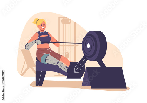 Woman cartoon character with artificial prosthetic limbs training using professional gym equipment