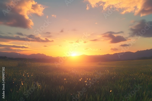 Golden Sunset Over Grassy Field And Distant Mountains