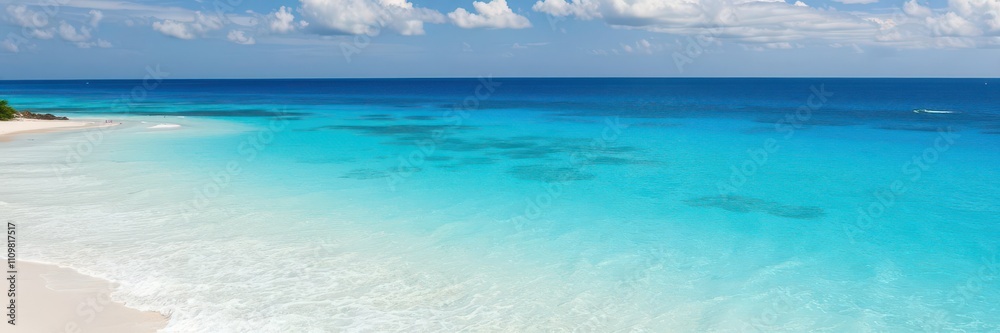 Tropical paradise with soft sandy beach and lush green island in distance, travel, tranquil Tropical paradise with soft sandy beach and lush green island in distance, travel, tranquil