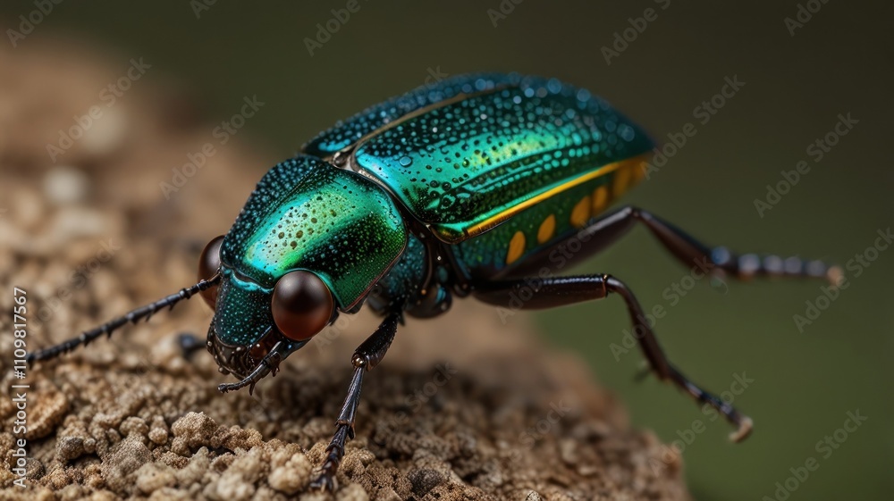 Close-up of a vibrant green beetle with yellow spots on its elytra, perched on a textured surface. Close-up of a vibrant green beetle with yellow spots on its elytra, perched on a textured surface.