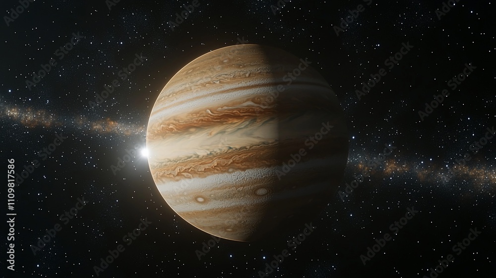 Jupiter planet in space with visible bands and a sunlit side, surrounded by stars and a faint galaxy.