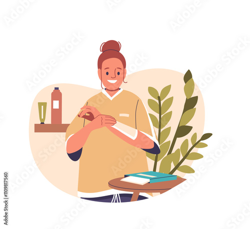 Woman character applying cosmetics wax strip to remove excessive body hair growth on arms scene