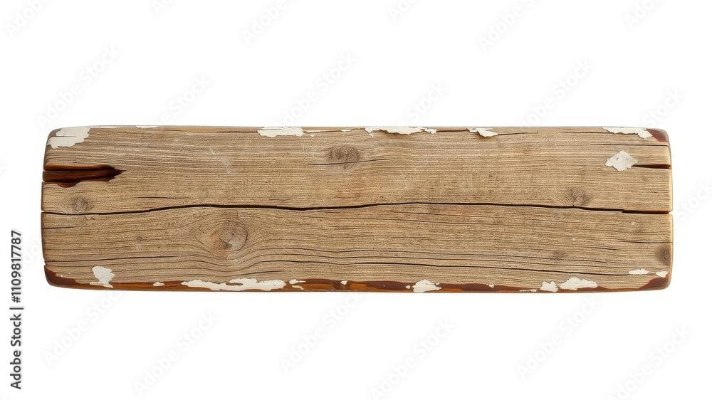 Fototapeta premium Weathered wooden sign with peeling paint and cracks, isolated on white background, weathered, antique, old