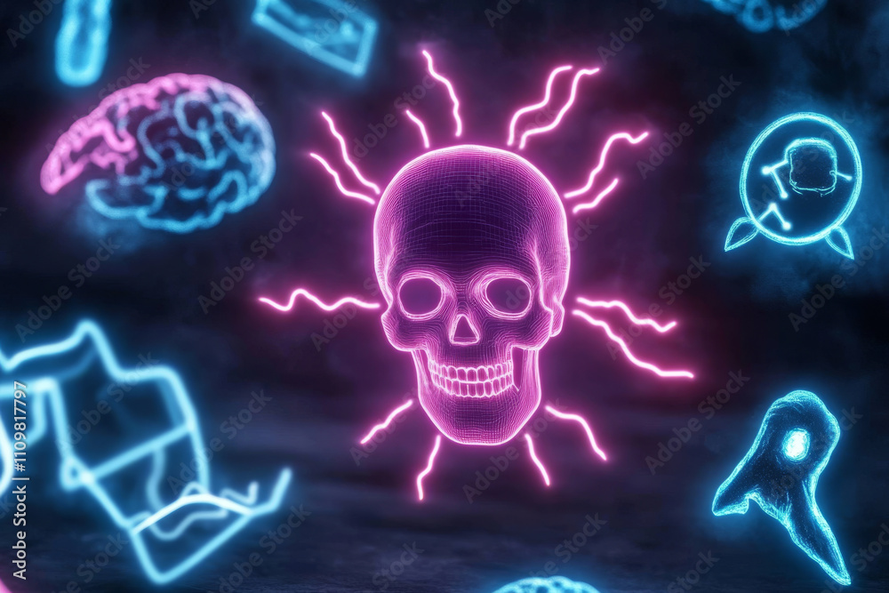 Glowing neon skull with abstract symbols in vibrant colors. Glowing neon skull with abstract symbols in vibrant colors.