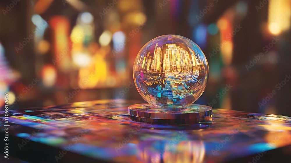 Crystal ball reflecting vibrant lights on colorful surface. Crystal ball reflecting vibrant lights on colorful surface.