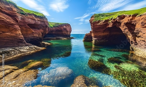 Red sandstone cliffs frame a tranquil ocean inlet