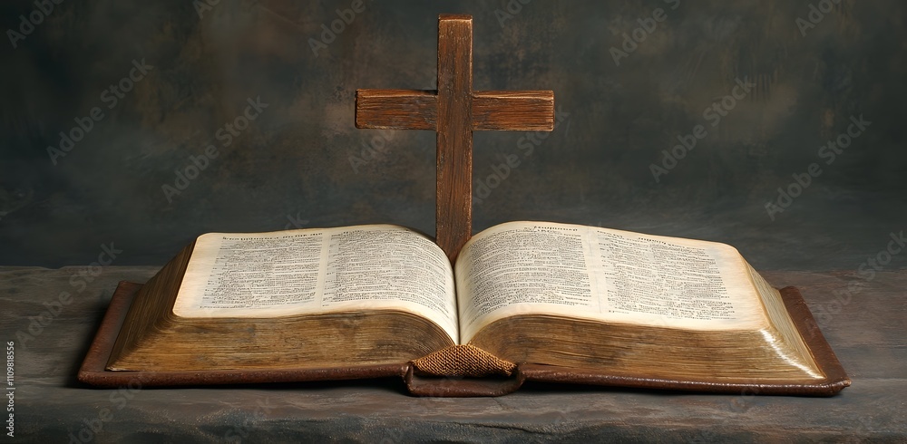 Old Bible Open with Wooden Cross Old Bible Open with Wooden Cross