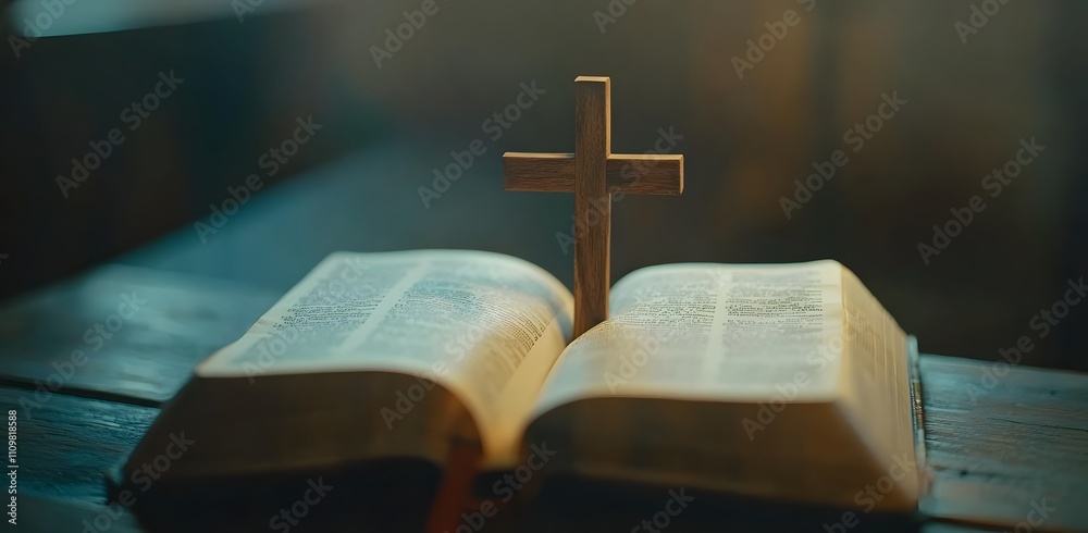 Wooden Cross Resting on an Open Holy Bible Wooden Cross Resting on an Open Holy Bible