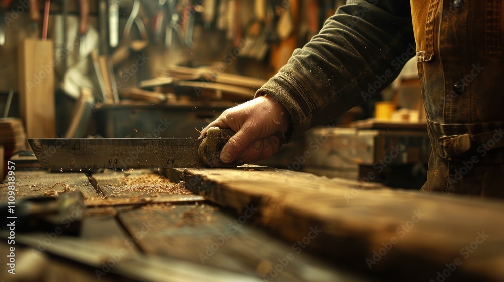 Close-up of carpenter's hands sawing wood in workshop. Close-up of carpenter's hands sawing wood in workshop.