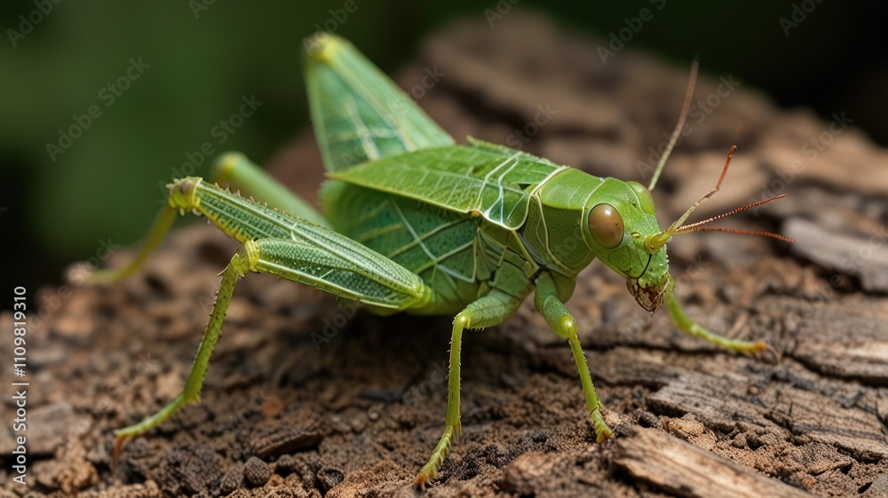 Close-up of a vibrant green katydid on bark. Close-up of a vibrant green katydid on bark.