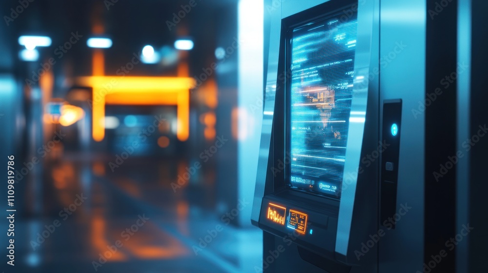 Futuristic digital kiosk displaying global data in a modern city setting at night. Futuristic digital kiosk displaying global data in a modern city setting at night.