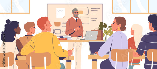 Professor giving lecture for student in university auditorium hall cartoon vector illustration