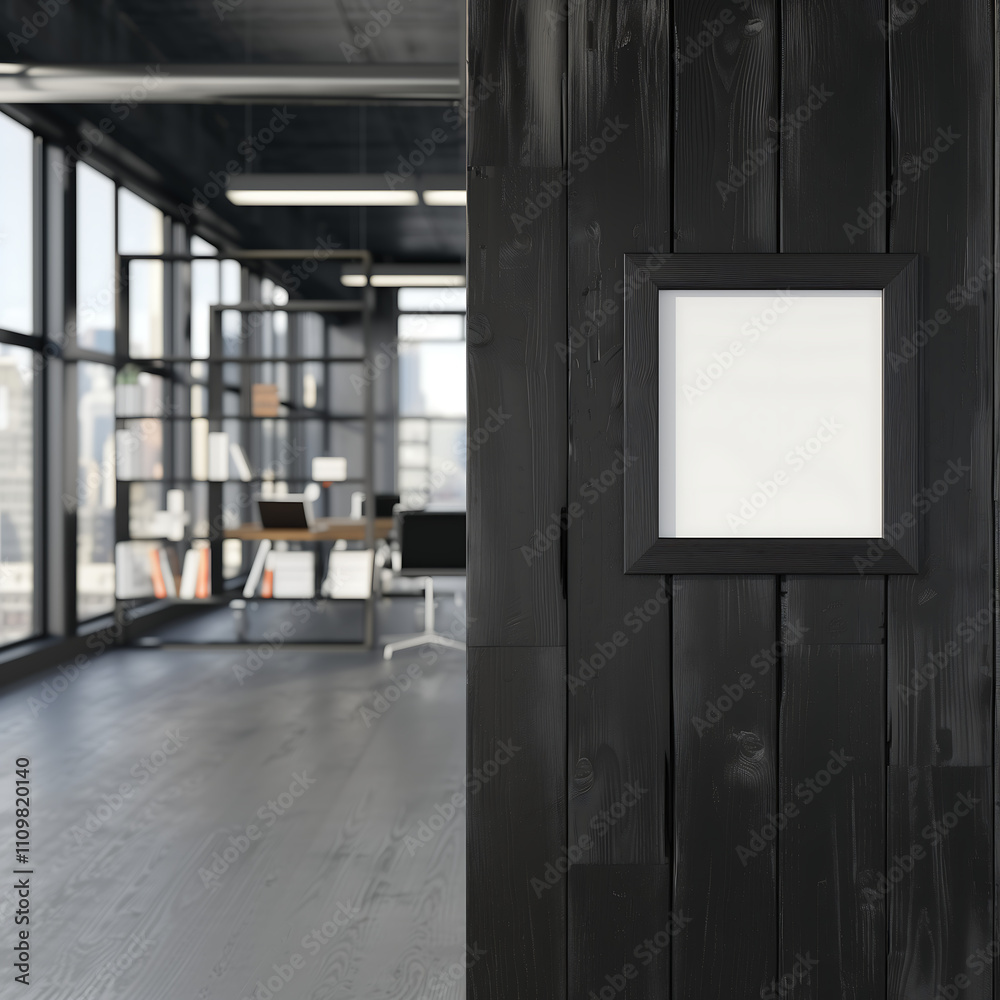Fototapeta premium Modern industrial-style office with a black wood wall, blank poster frame, and panoramic windows, creating a sleek and professional workspace
