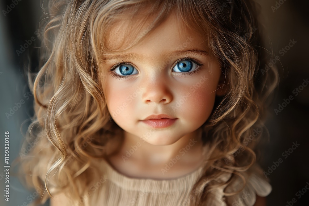 Cute one-year-old girl with blue eyes and curly hair enjoying a joyful moment indoors Cute one-year-old girl with blue eyes and curly hair enjoying a joyful moment indoors