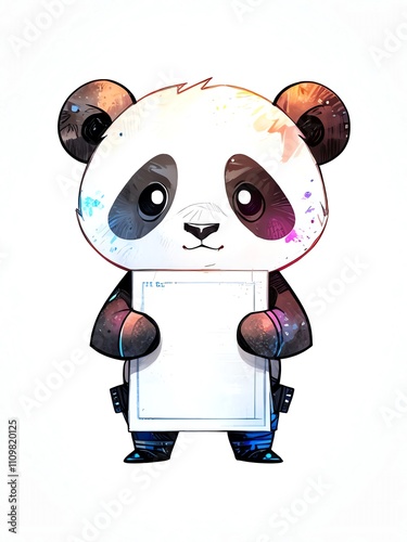 Adorable Panda Holding a Blank Sign:  A Cute Watercolor Illustration photo