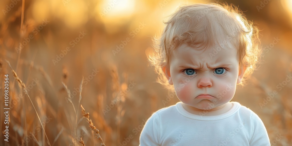 Baby expresses anger in soft yellow light wearing a white shirt on an outdoor setting Baby expresses anger in soft yellow light wearing a white shirt on an outdoor setting