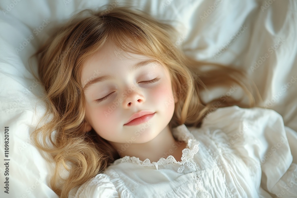 Sleeping girl peacefully resting on a white sheet in a serene indoor setting Sleeping girl peacefully resting on a white sheet in a serene indoor setting