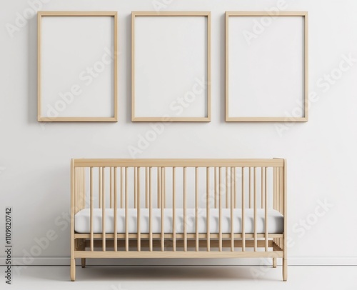 Minimalist white nursery with three blank wall art frames, light wood crib and chest of drawers, footstool, and soft lighting photo