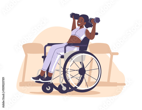 Young active woman with special needs sitting in wheelchair lifting dumbbells training at gym