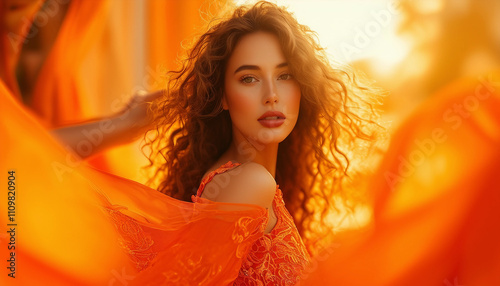 A fashion model posing against a vibrant orange background. The model has long curly hair and is wea photo