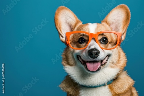 Playful Corgi dog wearing large orange glasses, smiling against a bright blue background. Fun and cheerful pet portrait concept.