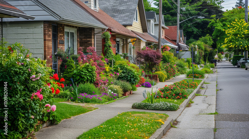 A quaint row of houses with well-kept gardens in a suburban neighborhood. stock image, hd quality, 