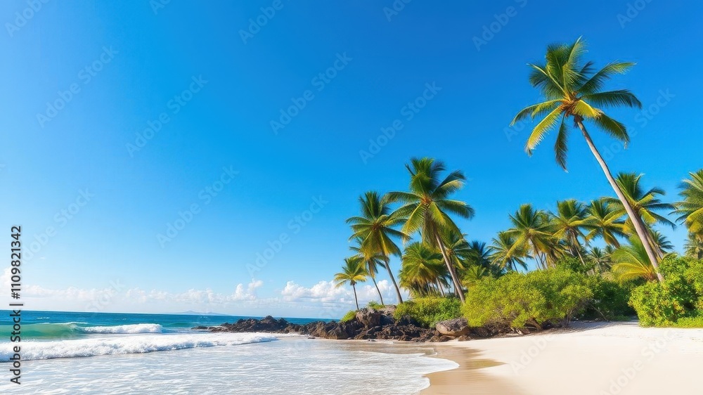 Obraz premium A stunning view of a beautiful beach landscape with crystal clear turquoise waters, white sand, and palm trees swaying in the gentle breeze, sand, coastline