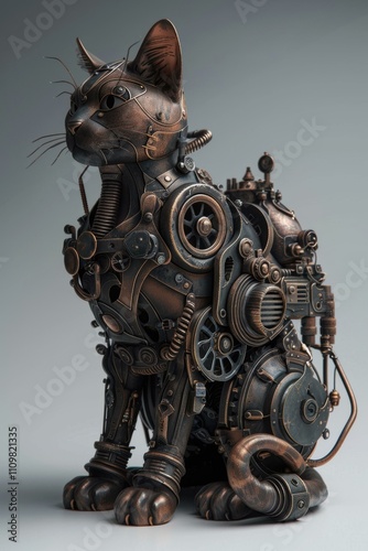 A steampunk cat made of metal gears and pipes. AI.