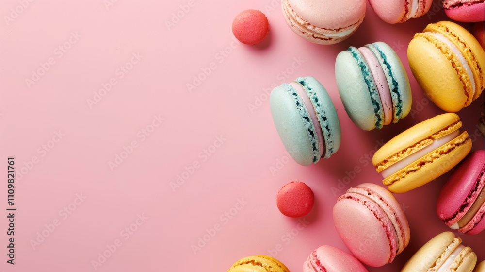 Fototapeta premium Colorful macarons on a pink background. AI.