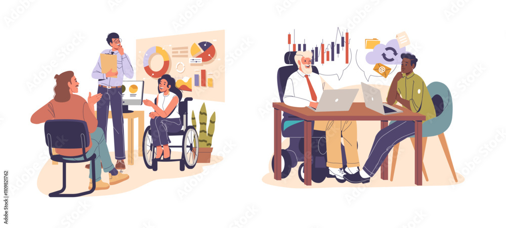 Diverse people employees characters with disability working in suitable office conditions scene set Diverse people employees characters with disability working in suitable office conditions scene set