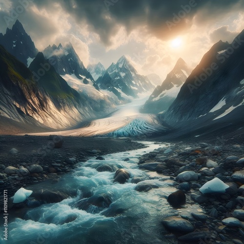 Melting glacier with a small stream of water flowing through it