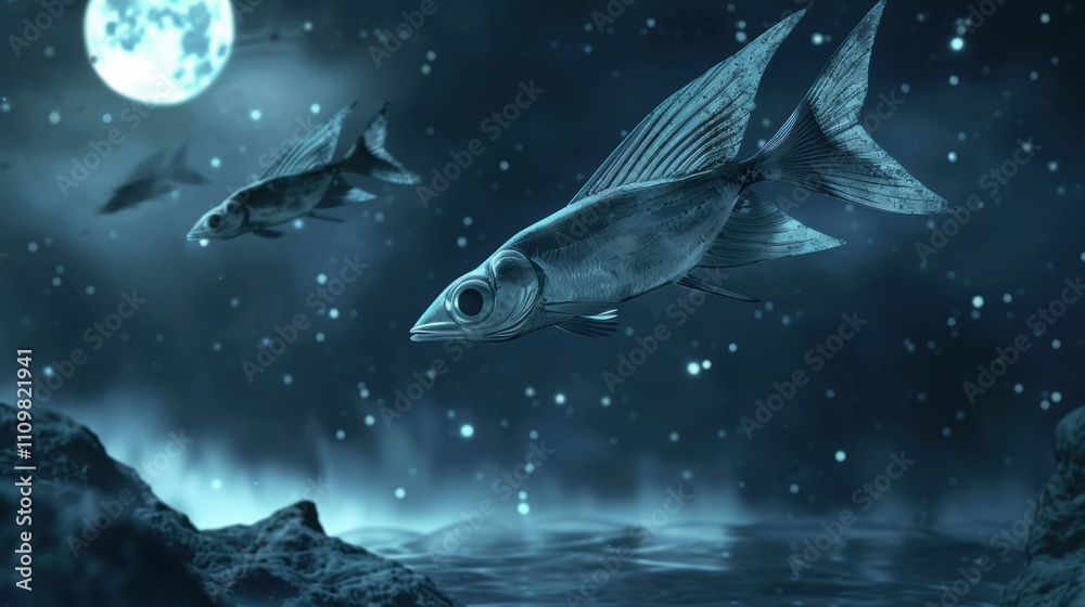 Fototapeta premium Fish swimming under the moonlight. AI.