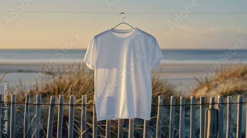 A white t-shirt hangs on a clothesline against a backdrop of a beach and dunes. AI.