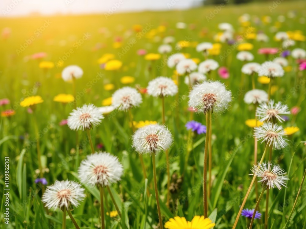 Field of vibrant dandelions beneath clear blue sky, summer, fresh Field of vibrant dandelions beneath clear blue sky, summer, fresh