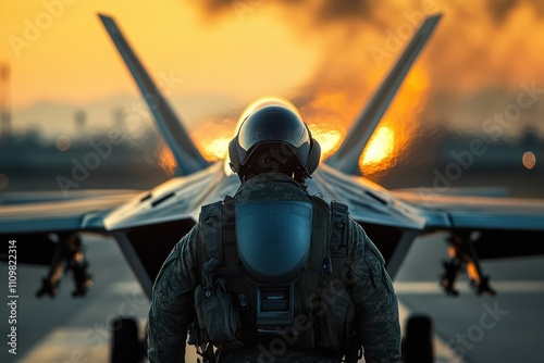 Us air force pilot walking towards fighter jet at sunset photo