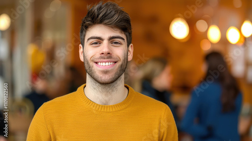 A joyous man enjoys his time at a cozy caf filled with warm light, creating a friendly and inviting vibe. photo