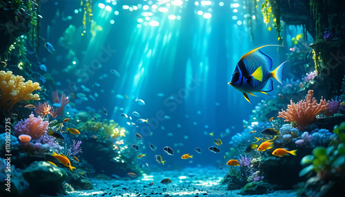 A breathtaking underwater scene featuring a vibrant coral kingdom, mermaids with shimmering scales