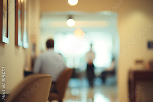 Casual business office environment with blurred people and a soft bokeh background, evoking a relaxed and professional workspace